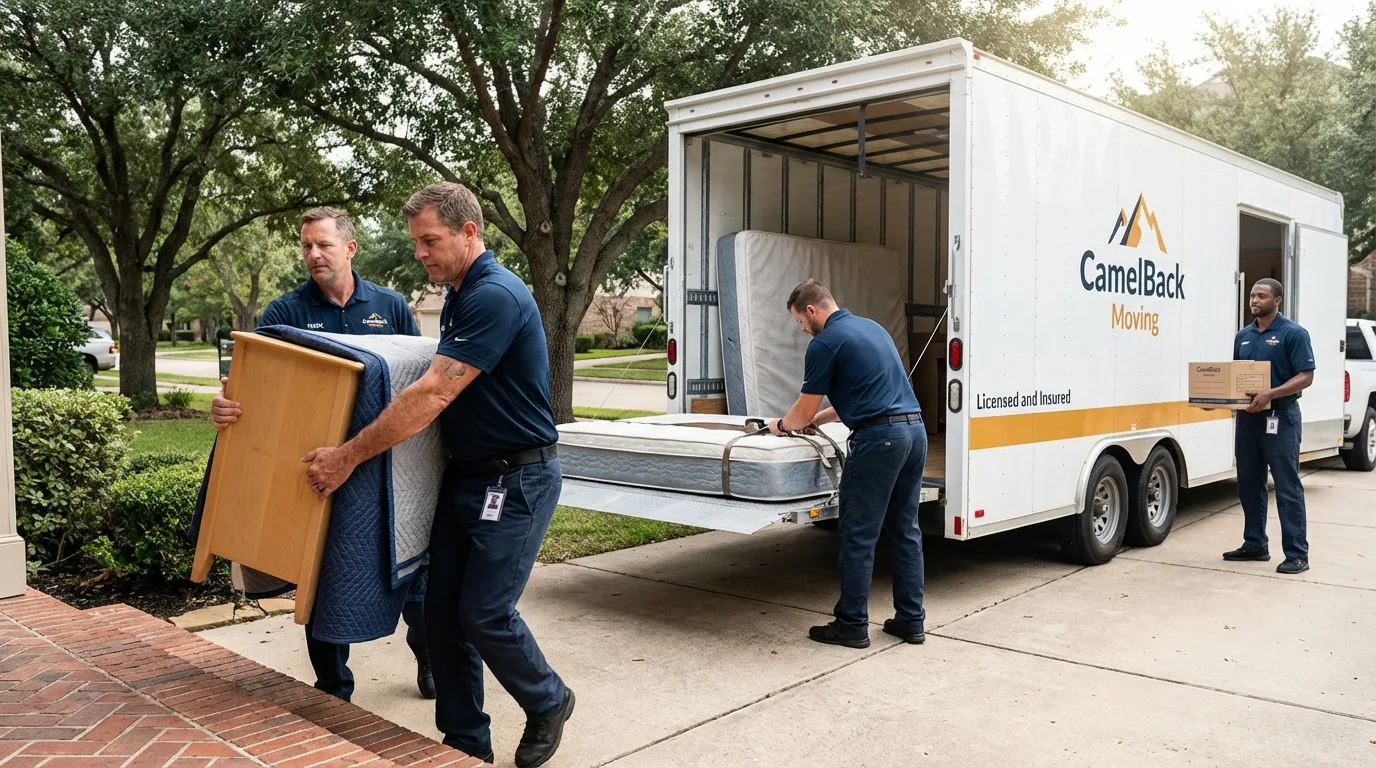 Crew loading residential truck for cross-state move from New Paris, OH
