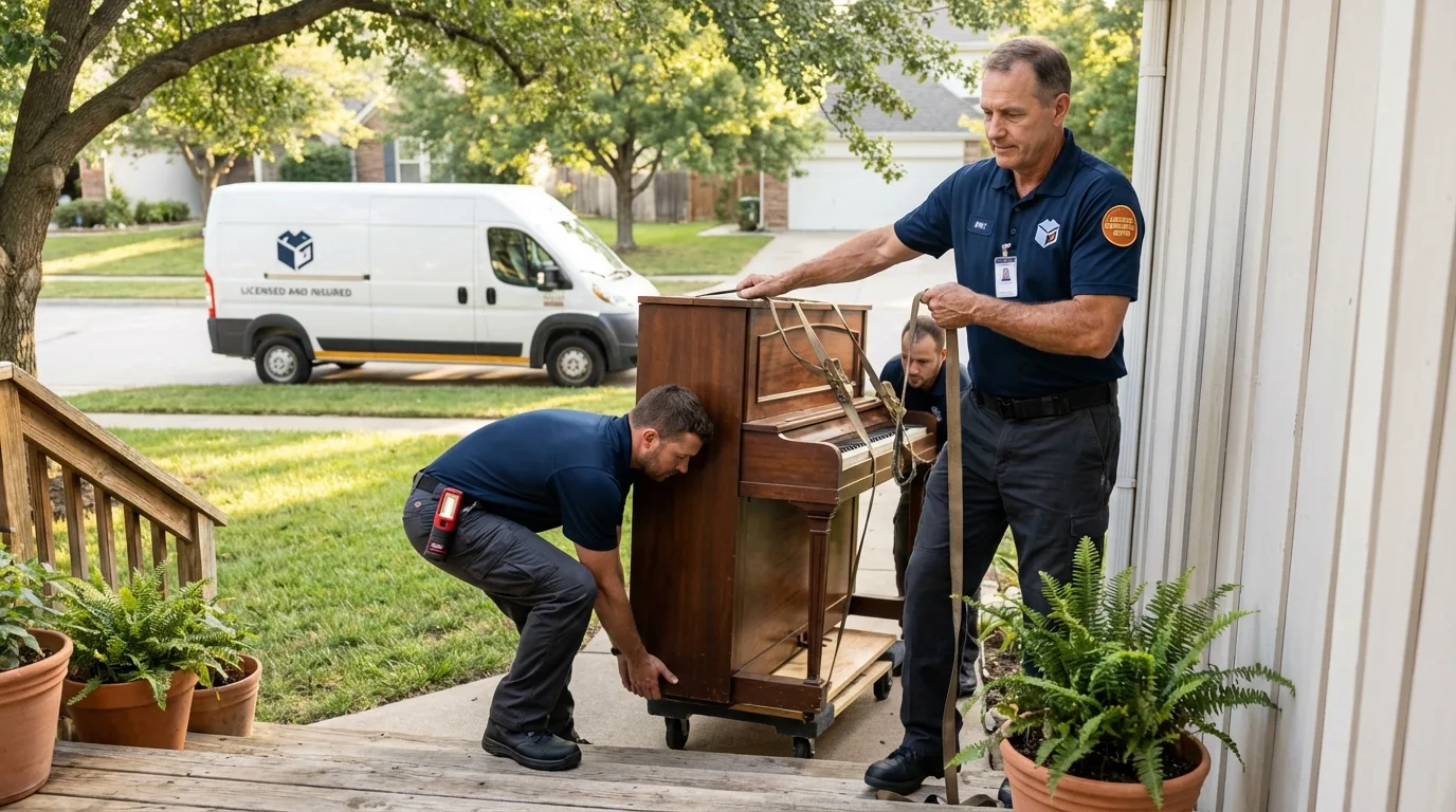 Licensed piano movers securing grand piano in New Paris, OH