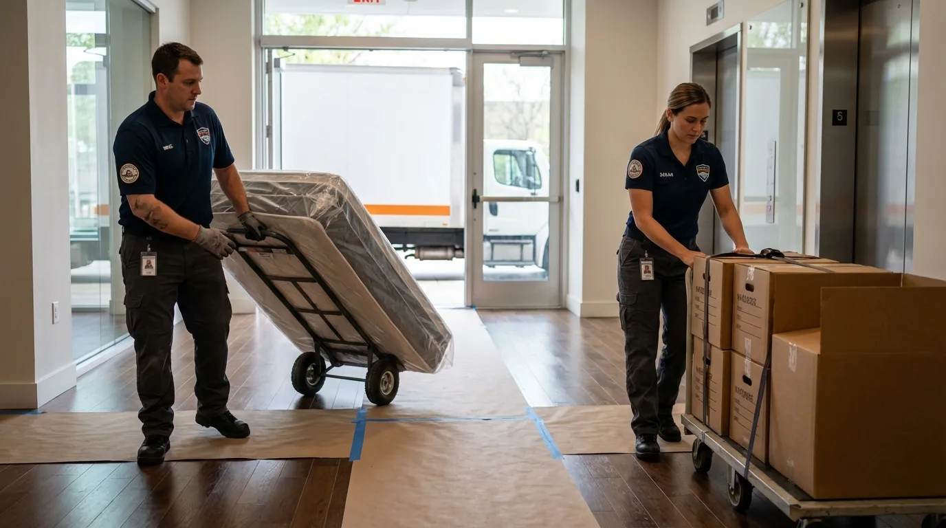 Professional apartment movers loading elevator in New Paris, OH